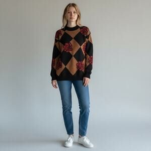 VTG DANA SCOTT Sweater Womens Sz M Red Gold harlequin/floral OVERSIZED pullover